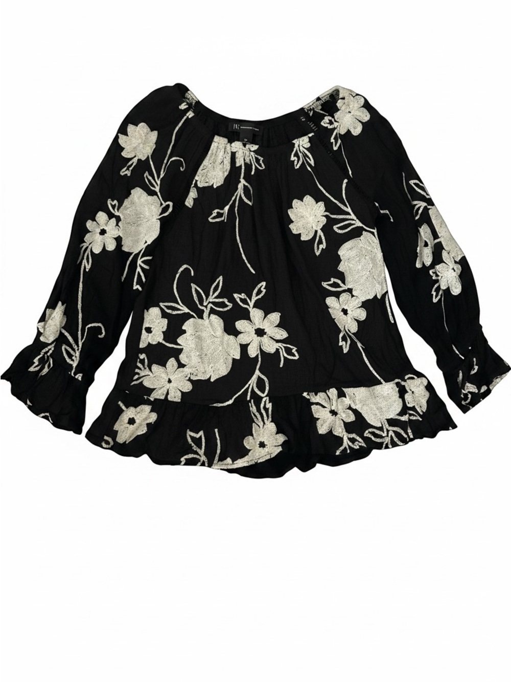 INC International Concepts Black Top with White Embroidered Detail